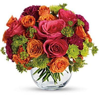 <div id="mark-2" class="m-pdp-tabs-marketing-description">Show your romantic side by

<hr />

sending this gorgeous bouquet of hot pink roses, orange spray roses and other fabulous faves in a charming glass bubble bowl. She'll love the gift, and you for having such amazingly good taste.</div>
<div id="desc-2">
<ul>
 	<li>This enchanting bouquet includes hot pink roses, orange spray roses, green button spray chrysanthemums, purple carnations and bupleurum.</li>
</ul>
</div>